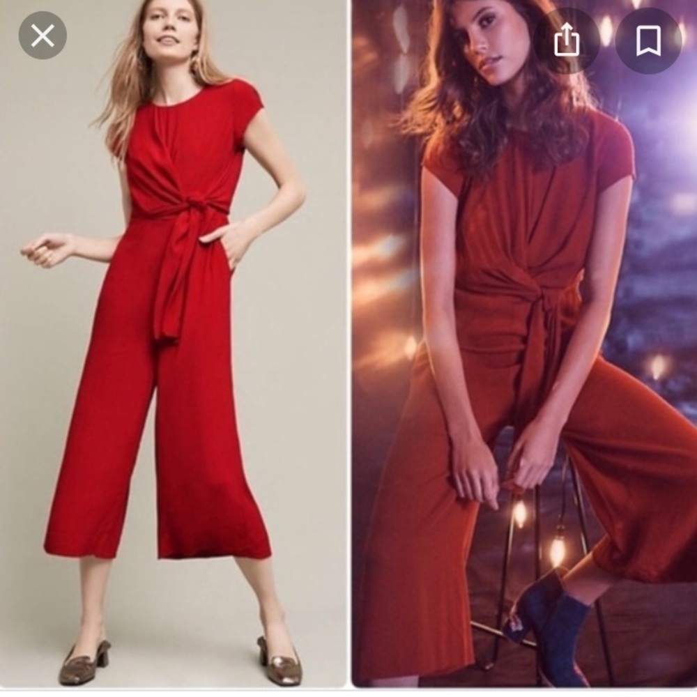 Maeve Red Faux Wrap Cropped Holiday Jumpsuit